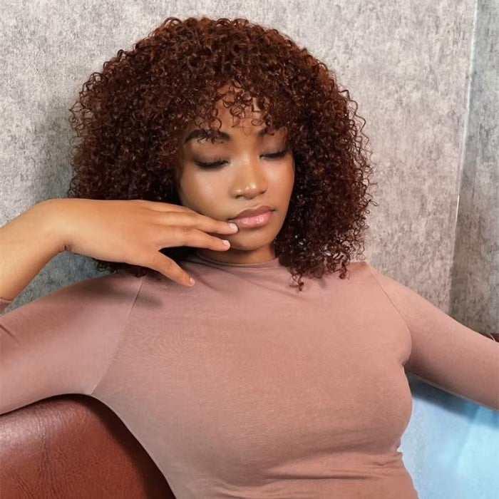 Reddish Brown Curly Bob Wig with Bangs Human Hair Short Human Hair Wigs for Black Women 180% Density - Daisy Hair