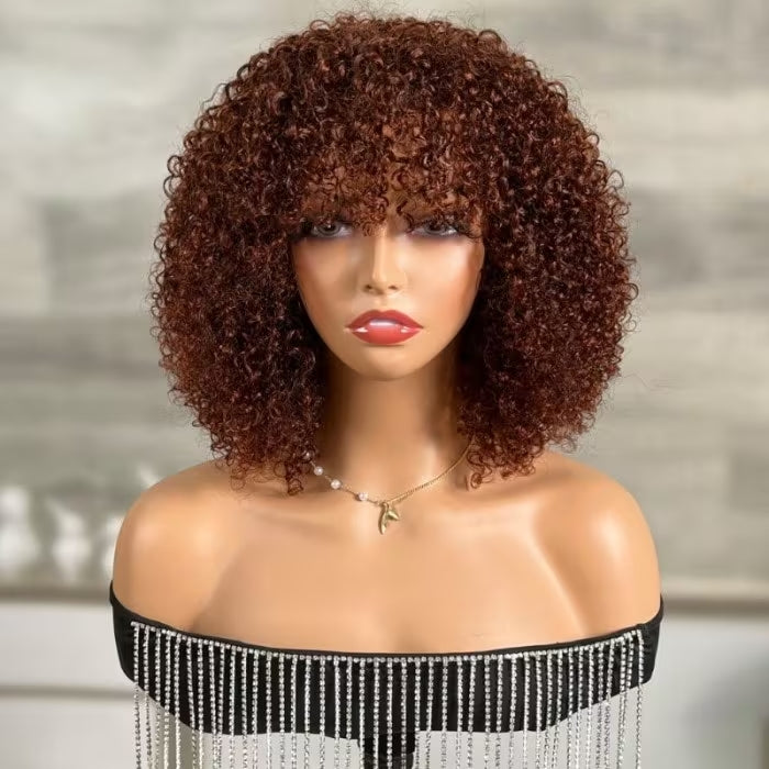 Reddish Brown Curly Bob Wig with Bangs Human Hair Short Human Hair Wigs for Black Women 180% Density - Daisy Hair