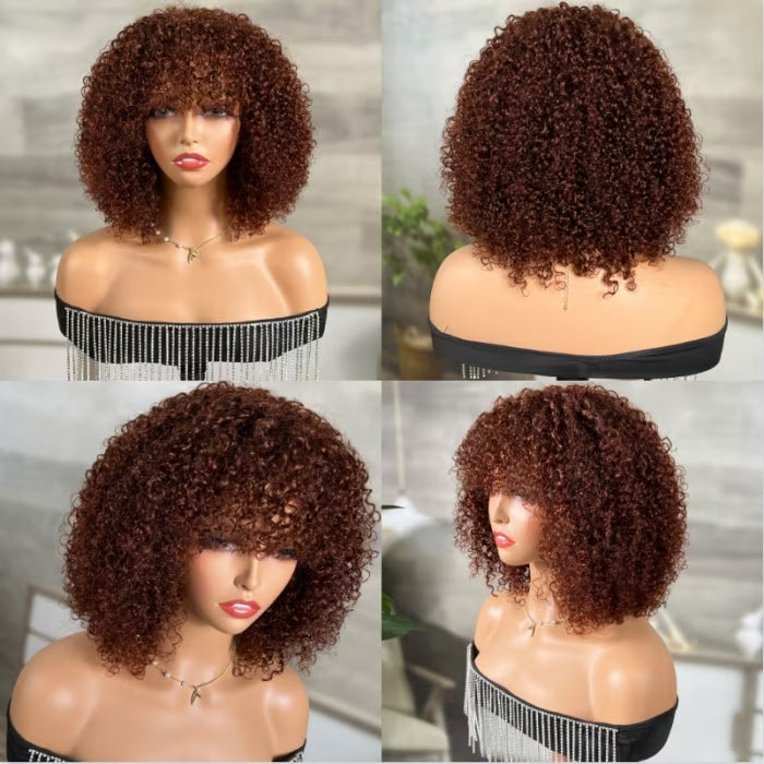 Reddish Brown Curly Bob Wig with Bangs Human Hair Short Human Hair Wigs for Black Women 180% Density - Daisy Hair