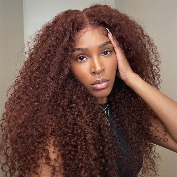 Reddish Brown Spanish Curly 13x4 HD Lace Front Wig Colored HD Transparent Lace Curly Human Hair Wigs Daisy Hair