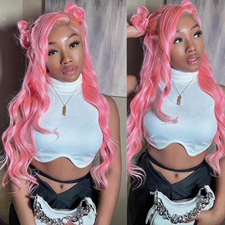 Funky Colored Wigs | Salmon Pink Color Straight/Body Wave Transparent Lace Front Color Wig Human Hair Wigs Stylish Young Cute Hairstyle 180% Density- Daisy Hair
