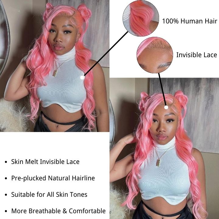 Funky Colored Wigs | Salmon Pink Color Straight/Body Wave Transparent Lace Front Color Wig Human Hair Wigs Stylish Young Cute Hairstyle 180% Density- Daisy Hair