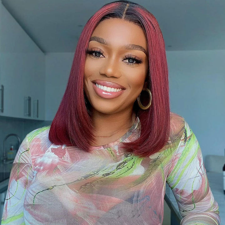 Short Straight Hair 1b/99j Colored Bob Wig Human Hair Lace Front Wigs - Daisy Hair