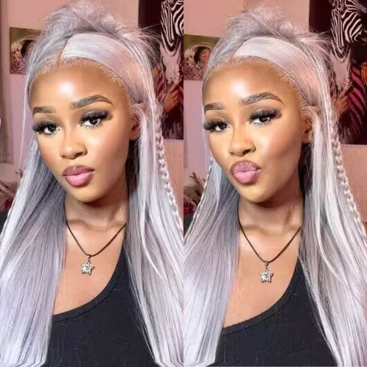 Silver Straight HD Transparent Lace Front Wig Gray Human Hair Wigs Pre Plucked With Baby Hair - Daisy Hair