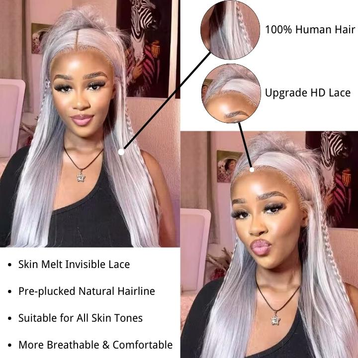 Silver Straight HD Transparent Lace Front Wig Gray Human Hair Wigs Pre Plucked With Baby Hair - Daisy Hair