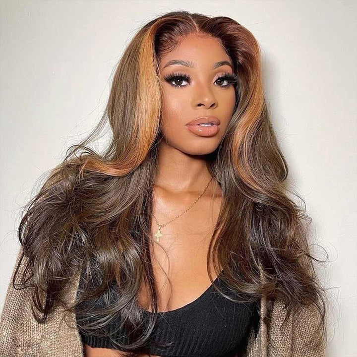 Skunk Stripe Brown Body Wave HD Transparent Lace Front Wig Face Frame Highlights Human Hair Wigs Daisy Hair