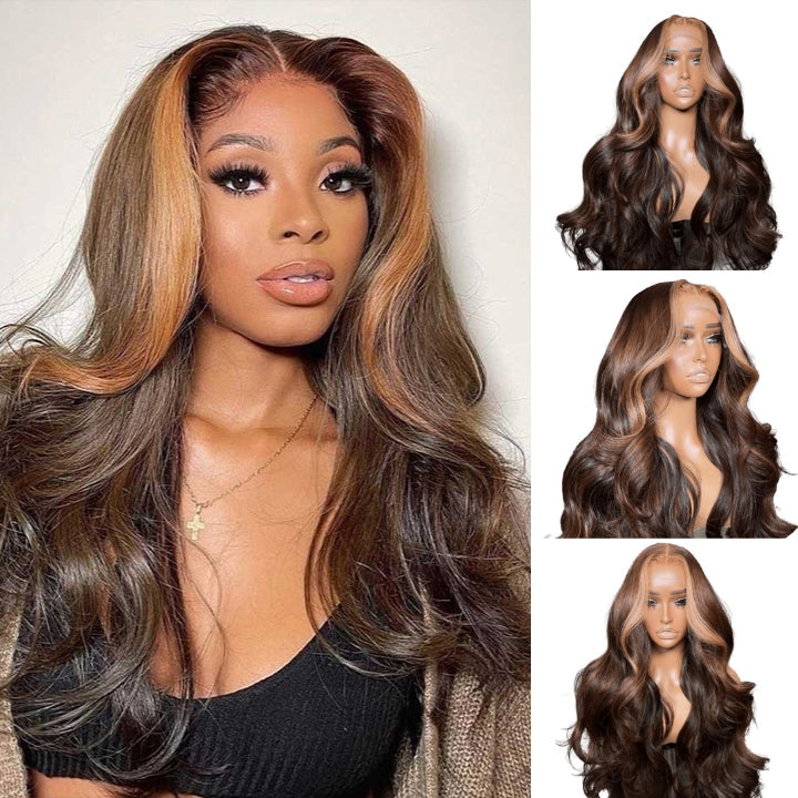 Skunk Stripe Brown Body Wave HD Transparent Lace Front Wig Face Frame Highlights Human Hair Wigs Daisy Hair