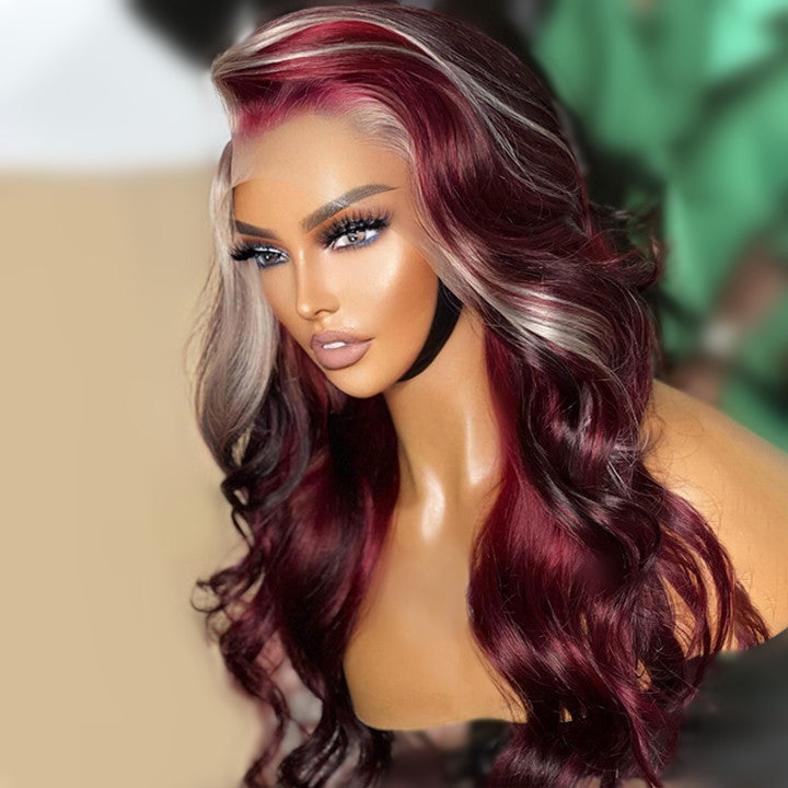 13x4/4x4 Burgundy Hair HD Lace Wig With Blonde Highlights Skunk Stripe Body Wave Human Hair Lace Front Wigs Daisy Hair