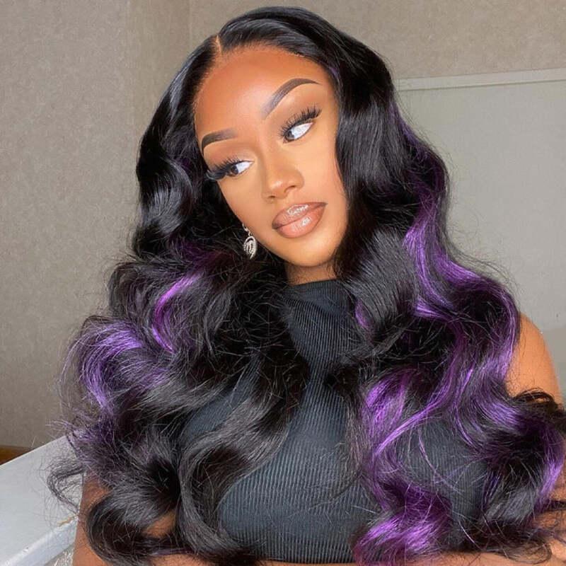 Skunk Stripe Hair Body Wave Lace Front Wig With Dark Purple Highlight HD Transparent Lace Human Hair Wigs Daisy Hair