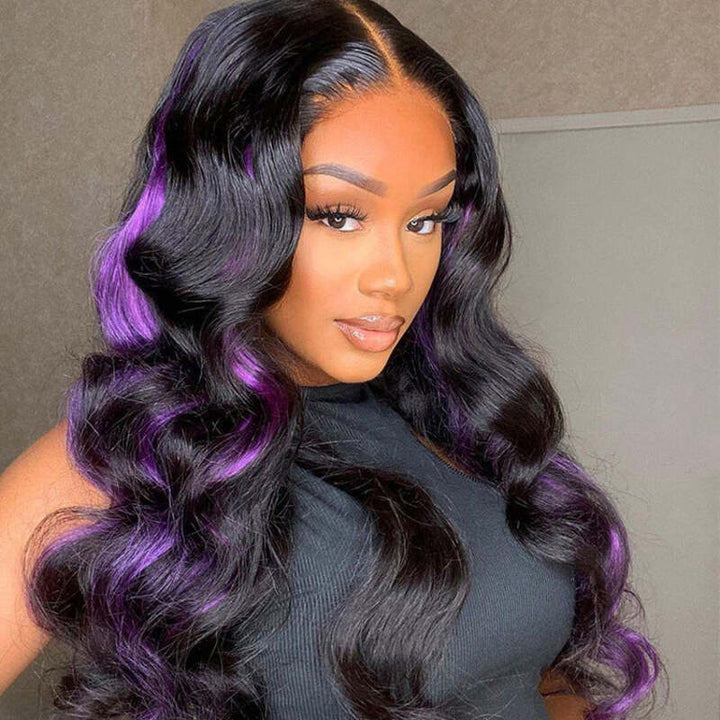 Skunk Stripe Hair Body Wave Lace Front Wig With Dark Purple Highlight HD Transparent Lace Human Hair Wigs Daisy Hair