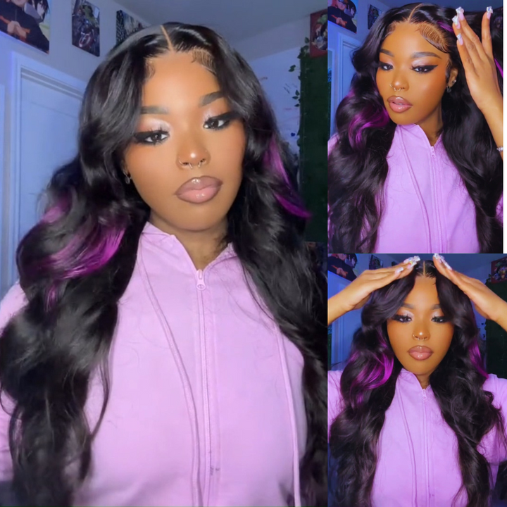 Skunk Stripe Hair Body Wave Lace Front Wig With Dark Purple Highlight HD Transparent Lace Human Hair Wigs Daisy Hair