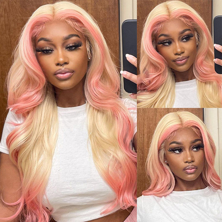 Skunk Stripe Hair Body Wave Lace Front Wig With Pink Highlight HD Transparent Lace Human Hair Wigs Daisy Hair