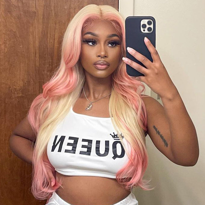 Skunk Stripe Hair Body Wave Lace Front Wig With Pink Highlight HD Transparent Lace Human Hair Wigs Daisy Hair