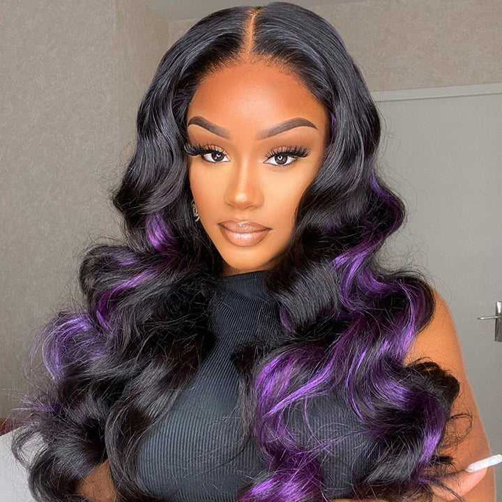 Skunk Stripe Hair Body Wave Lace Front Wig With Purple Highlight HD Transparent Lace Human Hair Wigs Daisy Hair