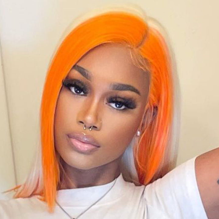 Skunk Stripe Hair Straight Lace Front Bob Wig With Orange Highlight HD Transparent Lace Human Hair Bob Wigs Daisy Hair