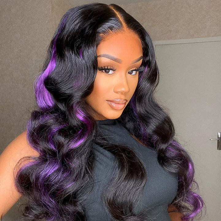 Skunk Stripe Hair Body Wave Lace Front Wig With Purple Highlight HD Transparent Lace Human Hair Wigs Daisy Hair