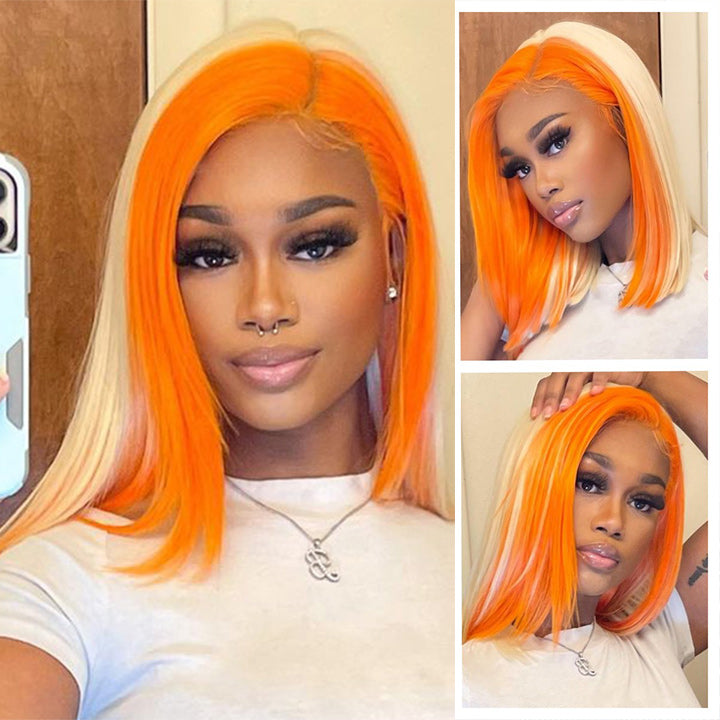 Skunk Stripe Hair Straight Lace Front Bob Wig With Orange Highlight HD Transparent Lace Human Hair Bob Wigs Daisy Hair