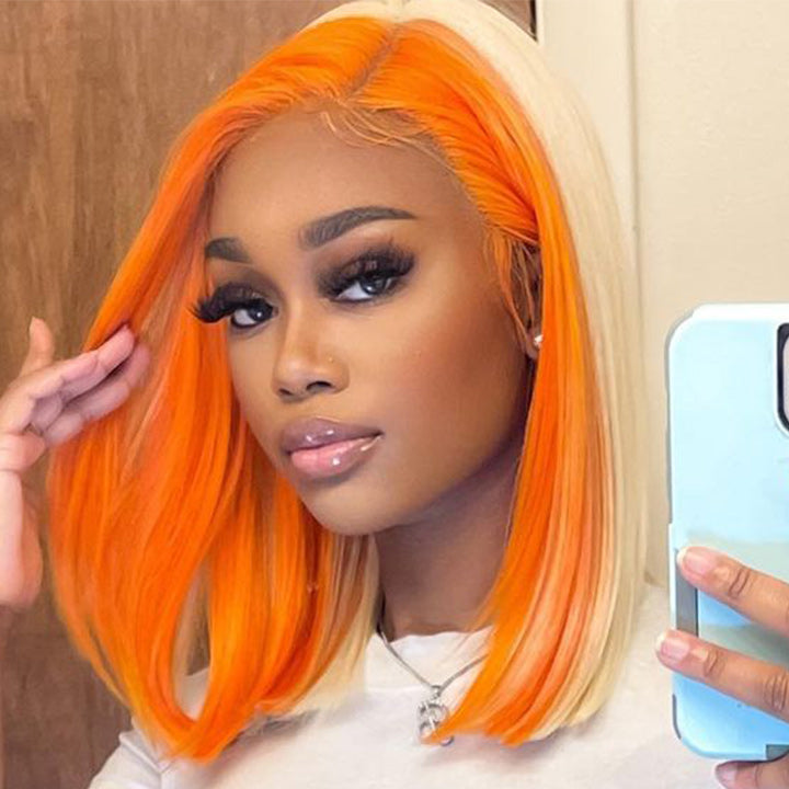 Skunk Stripe Hair Straight Lace Front Bob Wig With Orange Highlight HD Transparent Lace Human Hair Bob Wigs Daisy Hair