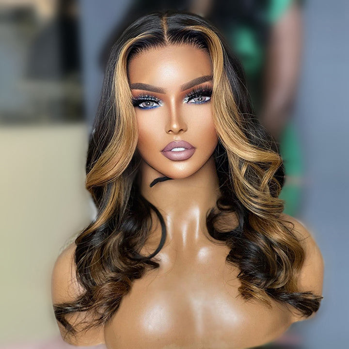 Skunk Stripe Highlight Wig Honey Blonde Body Wave Wig HD Lace Frontal Human Hair Wigs Daisy Hair