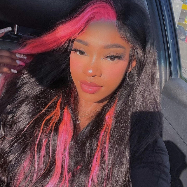 Skunk Stripe Peach Pink Straight 13x4 Lace Frontal Wig Invisible Transparent Lace Human Hair Wigs- Daisy Hair