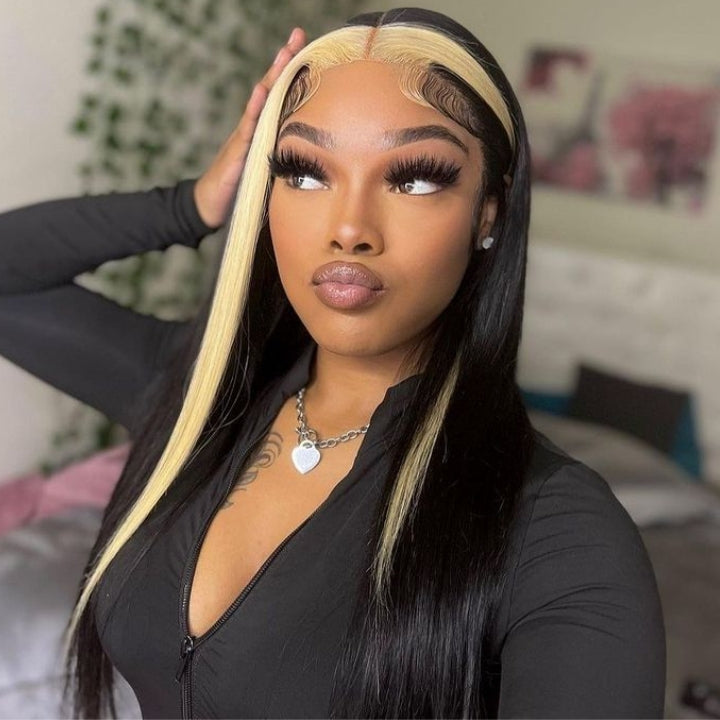 13x4 Lace Frontal Skunk Stripe Wig #613/Black Color Highlight Straight Hair Lace Front Wigs-Daisy Hair