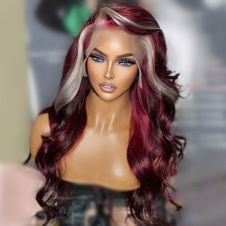 13x4/4x4 Burgundy Hair HD Lace Wig With Blonde Highlights Skunk Stripe Body Wave Human Hair Lace Front Wigs Daisy Hair