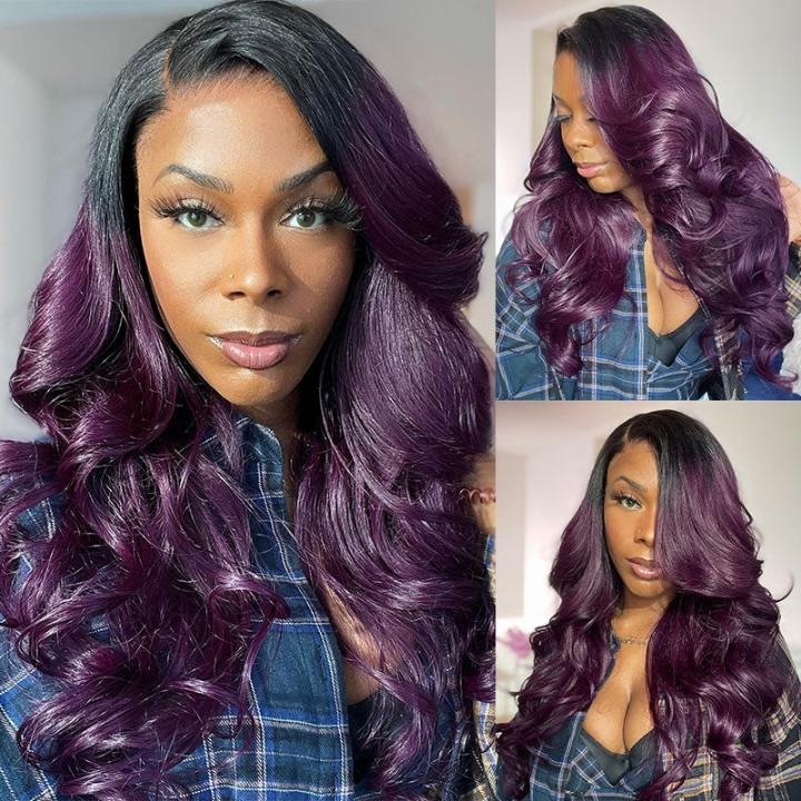 Funky Colored Wigs | Smokey Deep Purple 13x4 Lace Front Body Wave Wig With Black Roots Ombre Colored  HD Lace Human Hair Wigs- Daisy Hair
