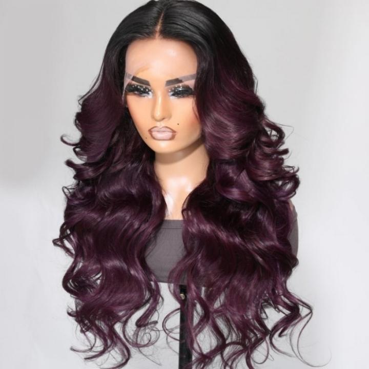 Funky Colored Wigs | Smokey Deep Purple 13x4 Lace Front Body Wave Wig With Black Roots Ombre Colored  HD Lace Human Hair Wigs- Daisy Hair