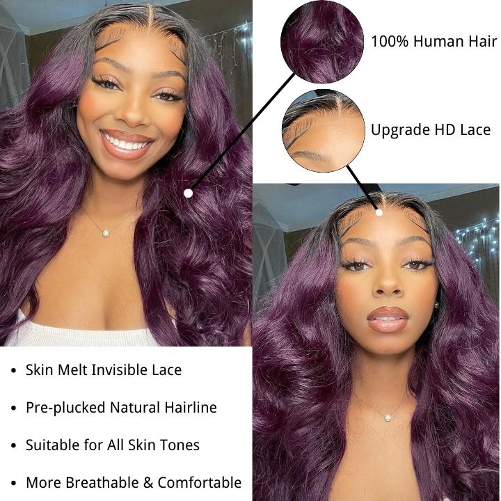 Funky Colored Wigs | Smokey Deep Purple 13x4 Lace Front Body Wave Wig With Black Roots Ombre Colored  HD Lace Human Hair Wigs- Daisy Hair
