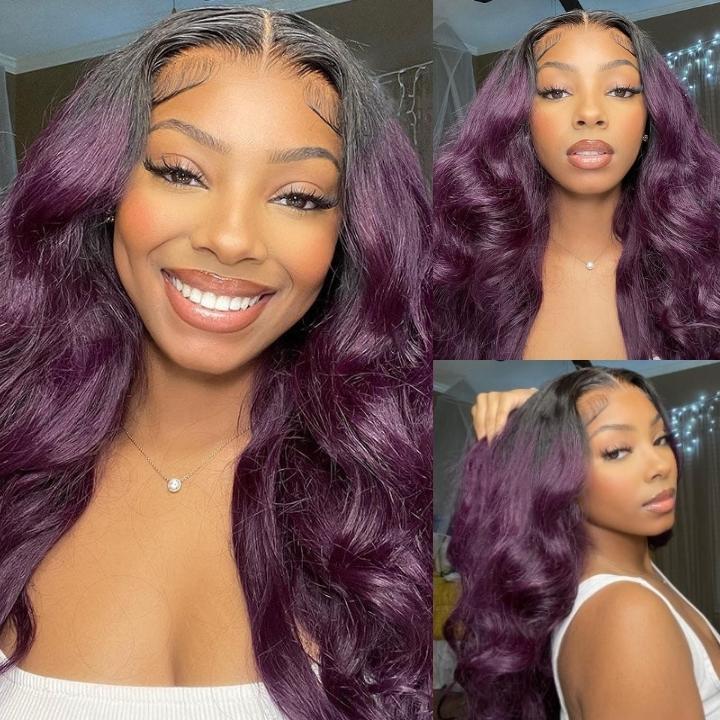 Funky Colored Wigs | Smokey Deep Purple 13x4 Lace Front Body Wave Wig With Black Roots Ombre Colored  HD Lace Human Hair Wigs- Daisy Hair