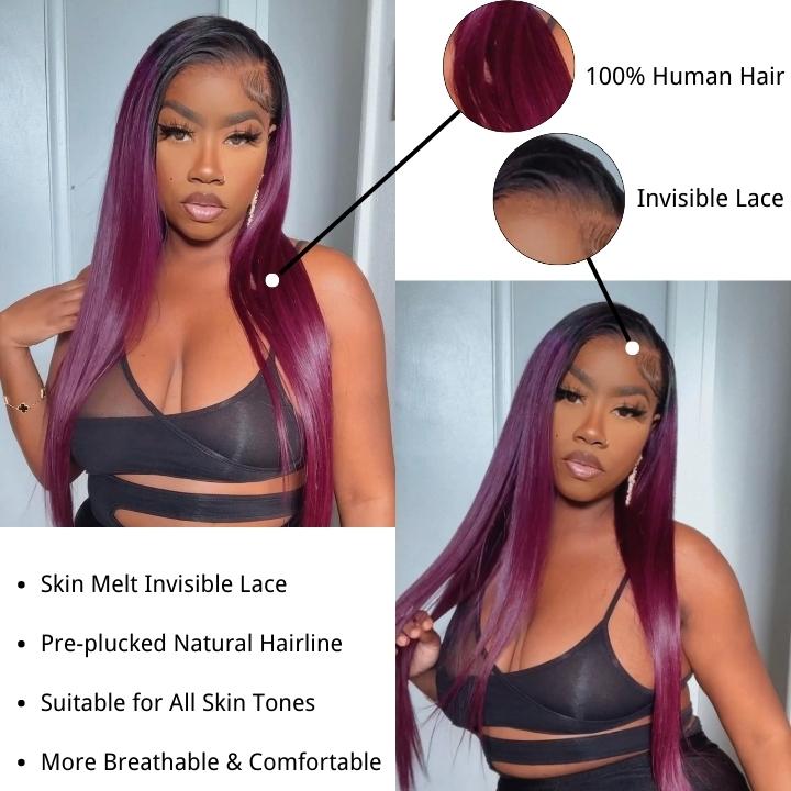 Funky Colored Wigs | Smokey Deep Purple 13x4 Lace Front Straight Wig With Black Roots Ombre Colored HD Lace Human Hair Wigs-Daisy Hair