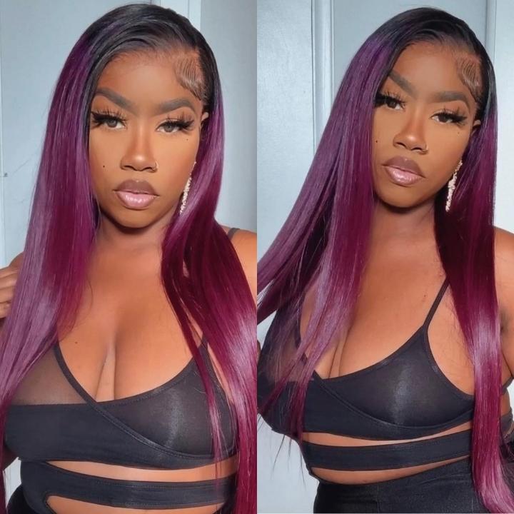 Funky Colored Wigs | Smokey Deep Purple 13x4 Lace Front Straight Wig With Black Roots Ombre Colored HD Lace Human Hair Wigs-Daisy Hair