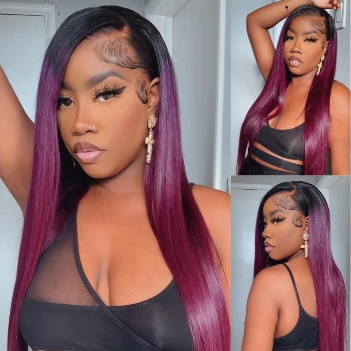 Funky Colored Wigs | Smokey Deep Purple 13x4 Lace Front Straight Wig With Black Roots Ombre Colored HD Lace Human Hair Wigs-Daisy Hair