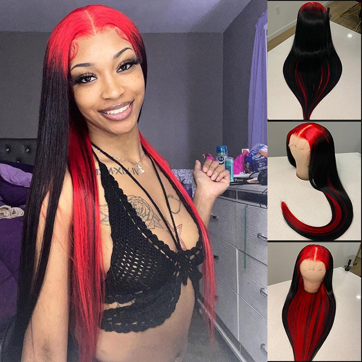 Sparkle Red Roots Long Straight Front Lace Wigs Colored Bone Straight Human Hair Wigs Daisy Hair