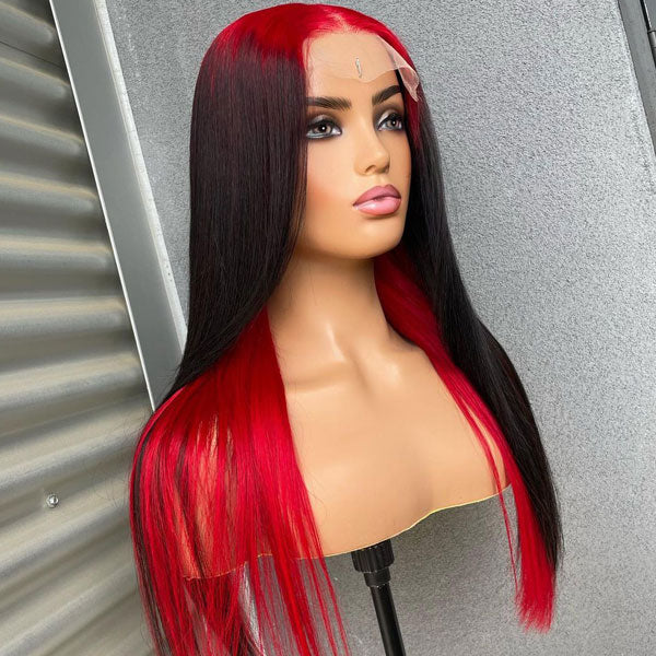 Sparkle Red Roots Long Straight Front Lace Wigs Colored Bone Straight Human Hair Wigs Daisy Hair