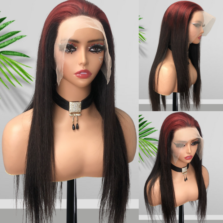Sparkle burgundy Roots Long Straight 13x4/4x4 Lace Front Wig Ombre 99J Colored Bone Straight Human Hair Wigs-Daisy Hair
