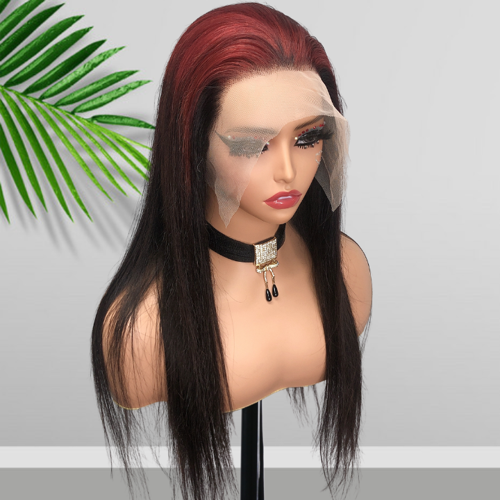 Sparkle burgundy Roots Long Straight 13x4/4x4 Lace Front Wig Ombre 99J Colored Bone Straight Human Hair Wigs-Daisy Hair