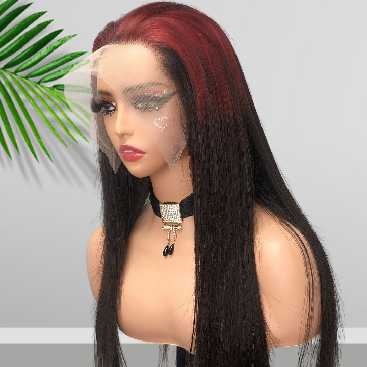 Sparkle burgundy Roots Long Straight 13x4/4x4 Lace Front Wig Ombre 99J Colored Bone Straight Human Hair Wigs-Daisy Hair