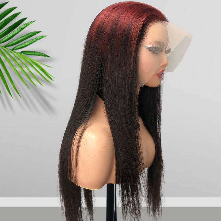 Sparkle burgundy Roots Long Straight 13x4/4x4 Lace Front Wig Ombre 99J Colored Bone Straight Human Hair Wigs-Daisy Hair