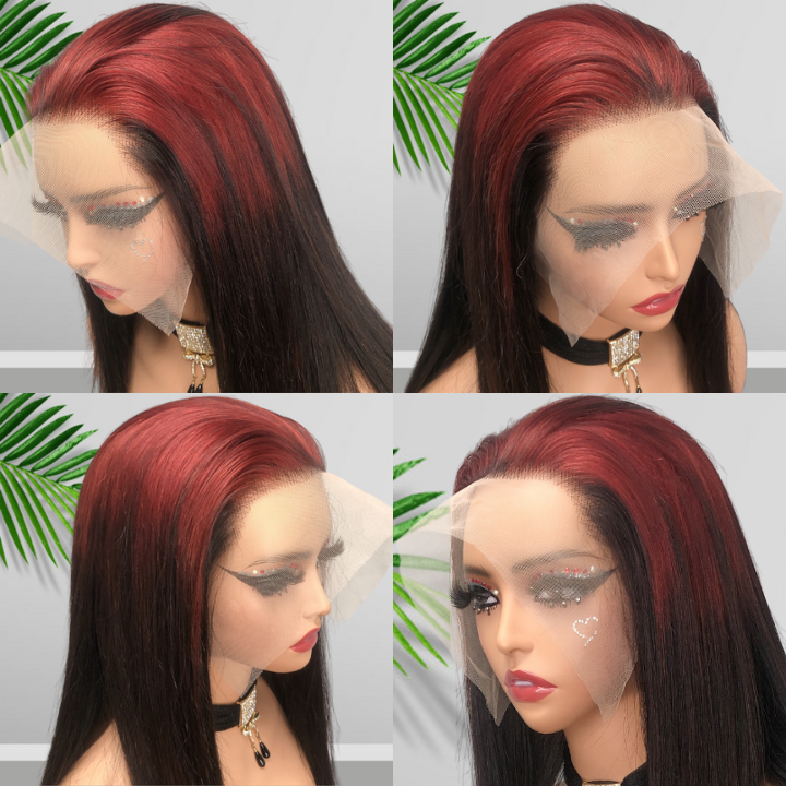 Sparkle burgundy Roots Long Straight 13x4/4x4 Lace Front Wig Ombre 99J Colored Bone Straight Human Hair Wigs-Daisy Hair