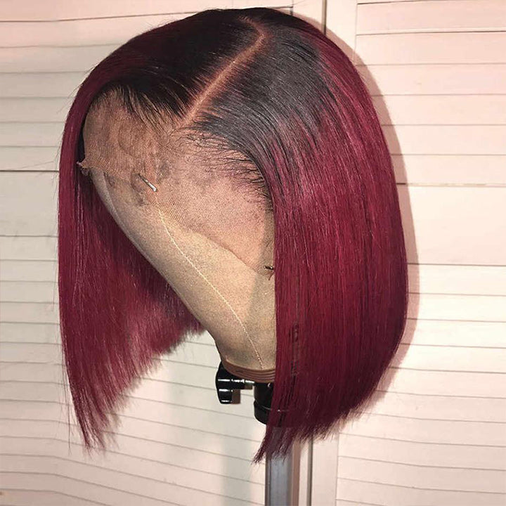 Straight Burgundy Glueless HD Lace Front Bob Wig with Black Roots 99j Colored Short Human Hair Bob Wigs Daisy Hair