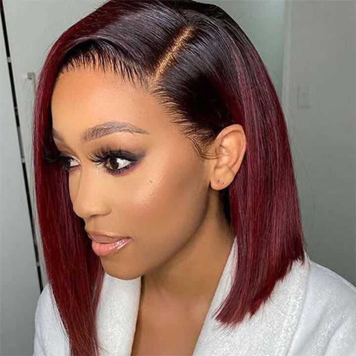 Straight Burgundy Glueless HD Lace Front Bob Wig with Black Roots 99j Colored Short Human Hair Bob Wigs Daisy Hair