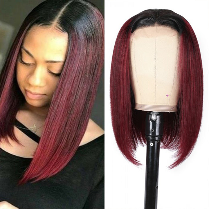 Straight Burgundy Glueless HD Lace Front Bob Wig with Black Roots 99j Colored Short Human Hair Bob Wigs Daisy Hair