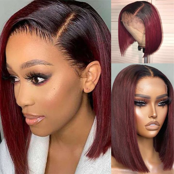 Straight Burgundy Glueless HD Lace Front Bob Wig with Black Roots 99j Colored Short Human Hair Bob Wigs Daisy Hair