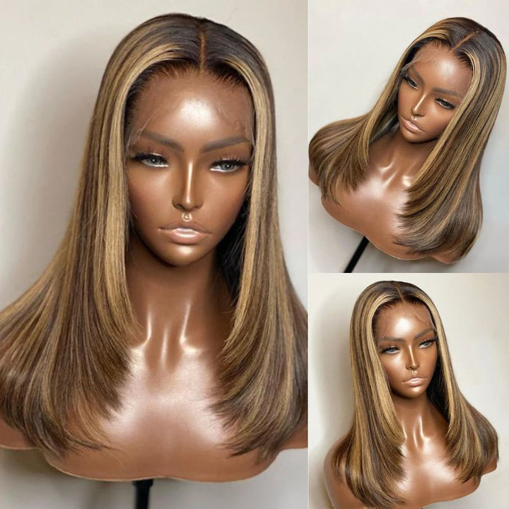 Pre Bleached Knots Straight Layered Cut 13x4 Lace Front Wig Ombre Highlight Straight Wig 180% Density Daisy Hair