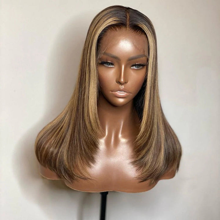 Pre Bleached Knots Straight Layered Cut 13x4 Lace Front Wig Ombre Highlight Straight Wig 180% Density Daisy Hair