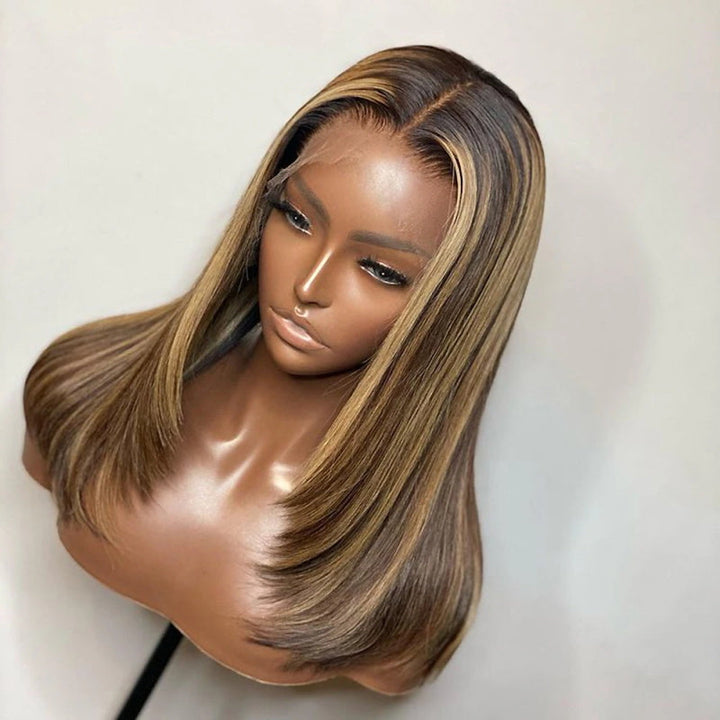 Pre Bleached Knots Straight Layered Cut 13x4 Lace Front Wig Ombre Highlight Straight Wig 180% Density Daisy Hair