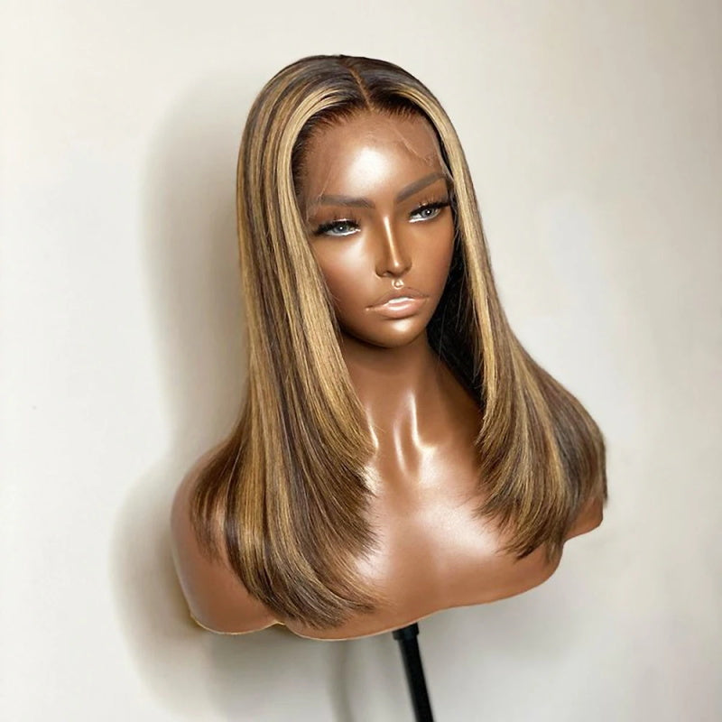 Pre Bleached Knots Straight Layered Cut 13x4 Lace Front Wig Ombre Highlight Straight Wig 180% Density Daisy Hair