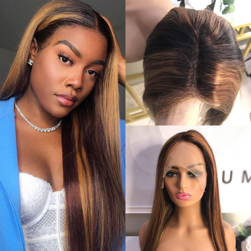 Long Straight Hair Honey Blonde Highlights T Part  Lace Front Wig Pre Plucked With Baby Hair 100% Virgin Humam Hair Wig- Daisy Hair