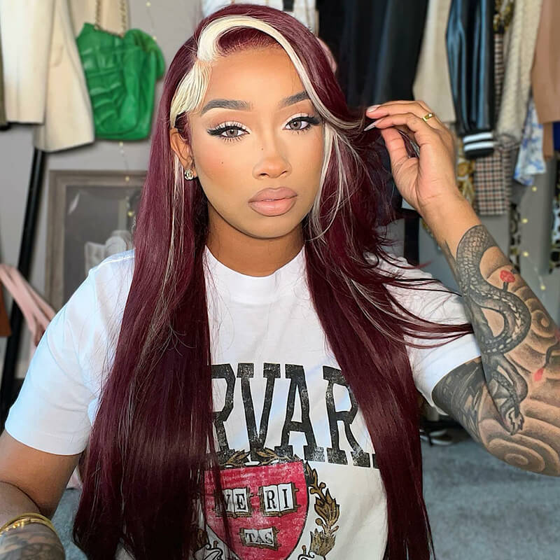 13x4 Lace Frontal Skunk Stripe Wig #613/99J Burgundy Color Highlight Body Wave/Straight Hair Lace Front Wigs- Daisy Hair